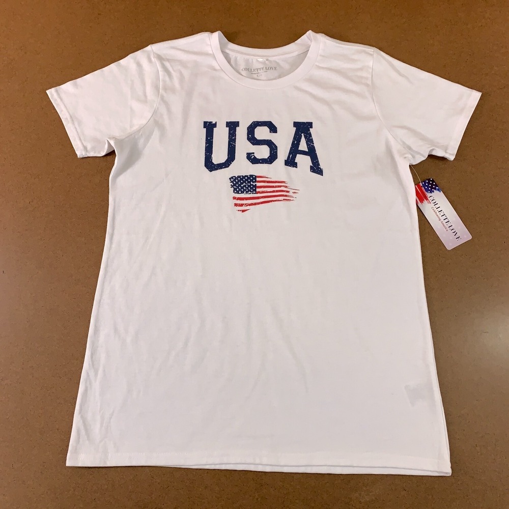 Collette Love Womens Size Large White Short Sleeve USA Flag Graphic Tee NWT